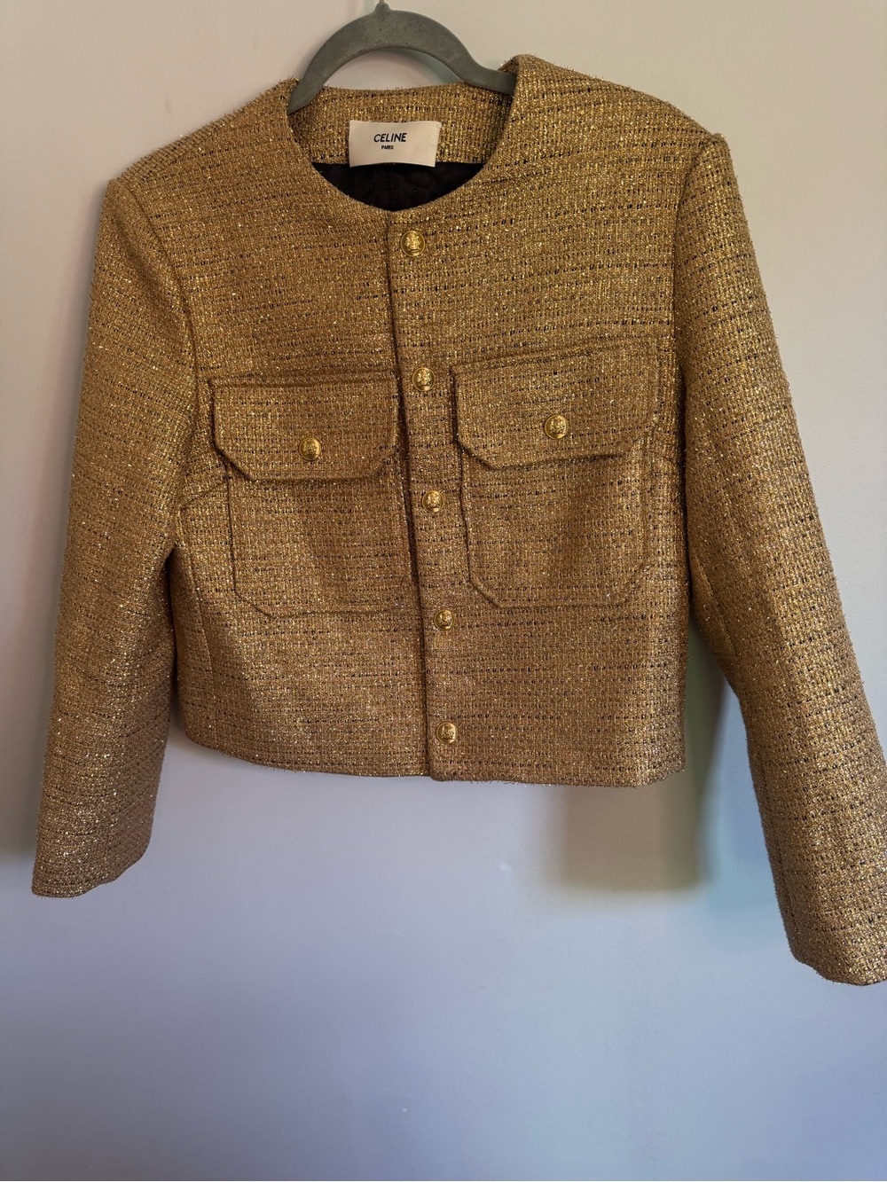 Celine Metallic Gold Boucle Tweed Cropped Blazer size 36 NWOT